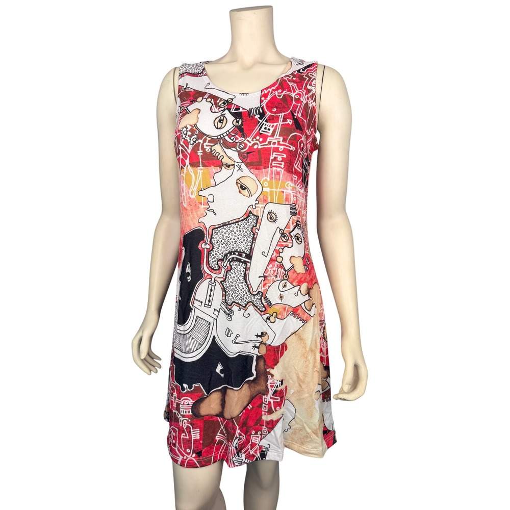 Inoah Abstract Art Print Tank L Dress Red‎ MultiSleeveless Stretch Knit USA - Picture 9 of 10